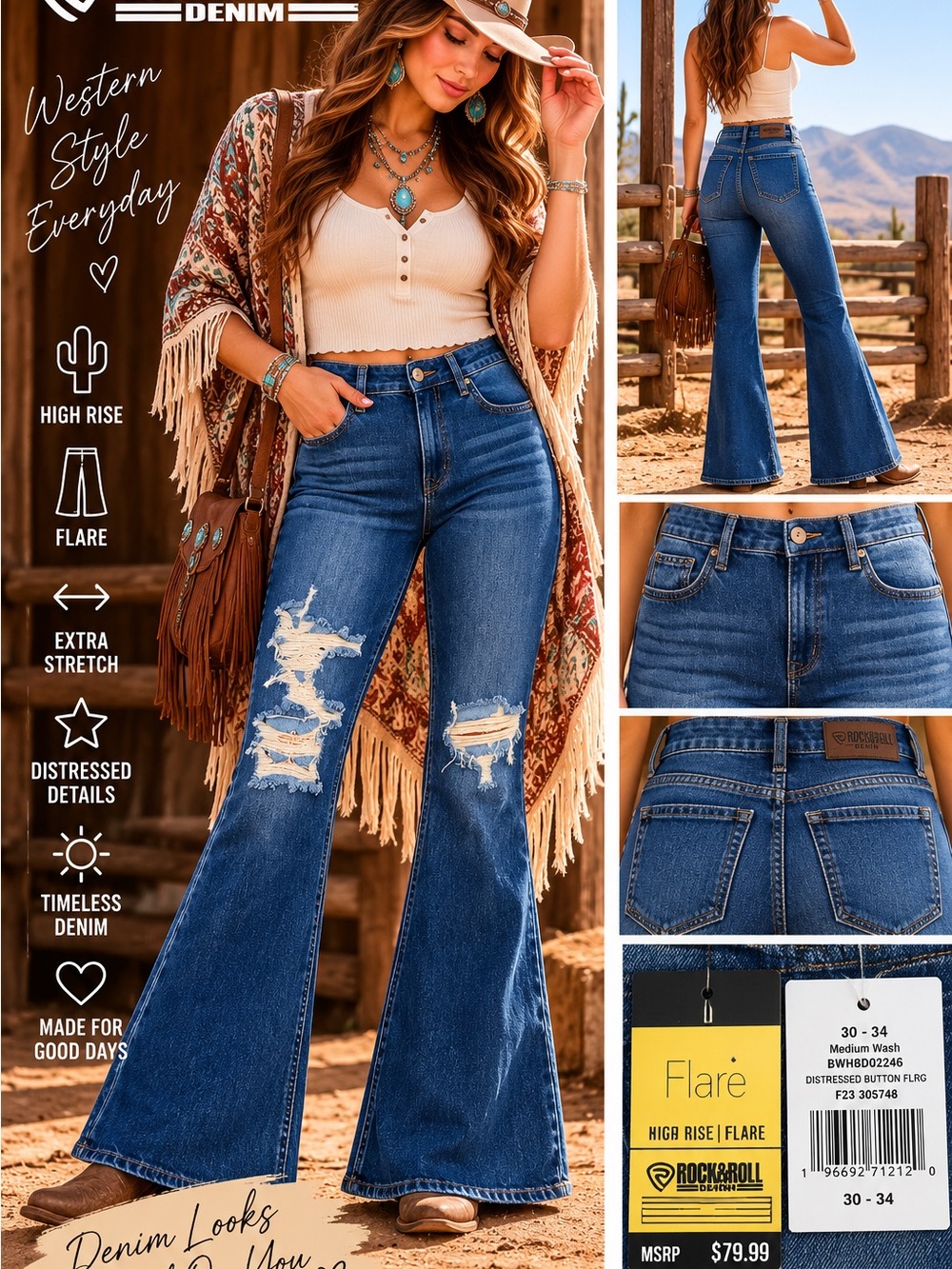 Rock & Roll Denim High Rise Distressed Flare Jeans NWT | 30x34| MSRP $79.99